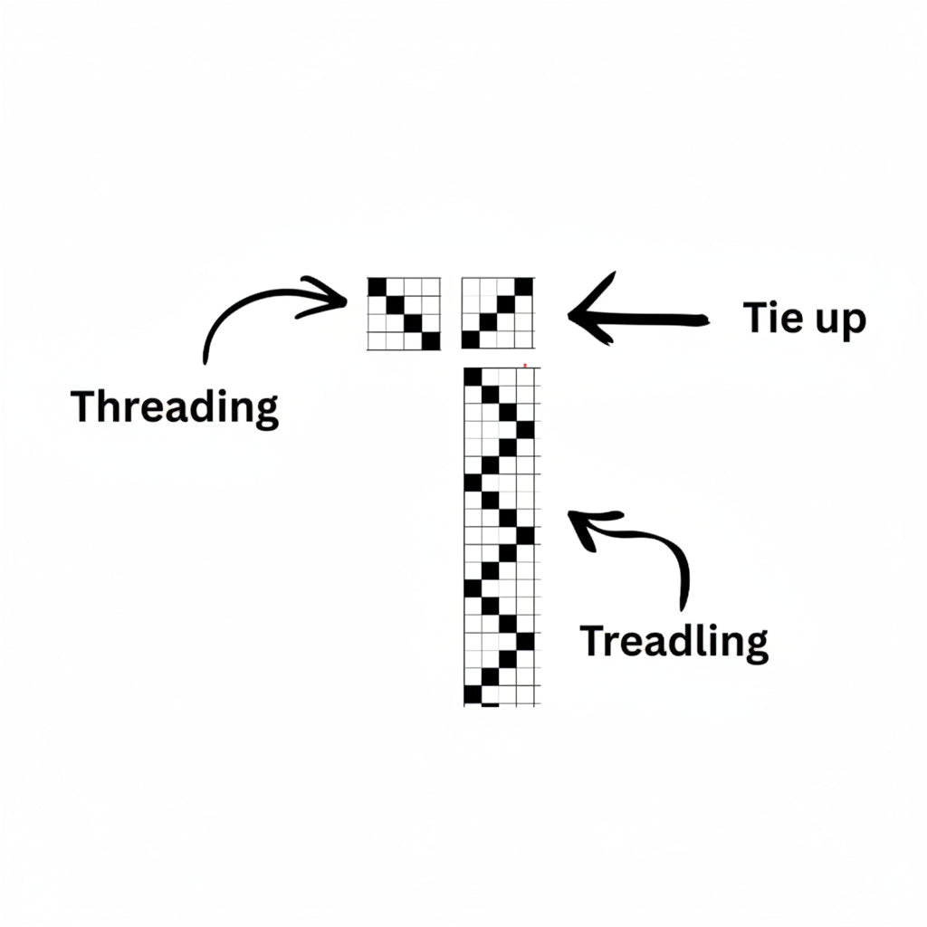 Diagram showing threading, tie-up, and treading patterns on a white background